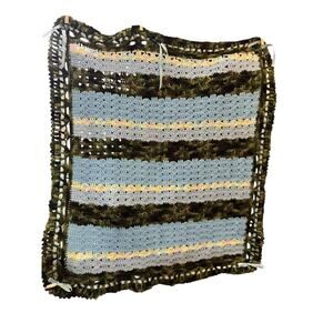 Handmade Crochet Camo Camouflage Blue With Satin Blue Ribbon Baby Blanket 32x28